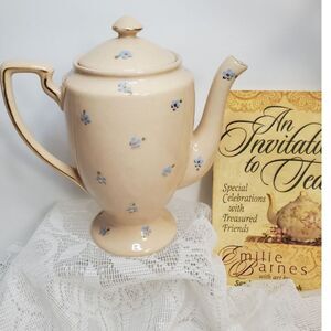 Beautiful Beige Teapot with Hand Painted Flowers in Blues with Gold Accents